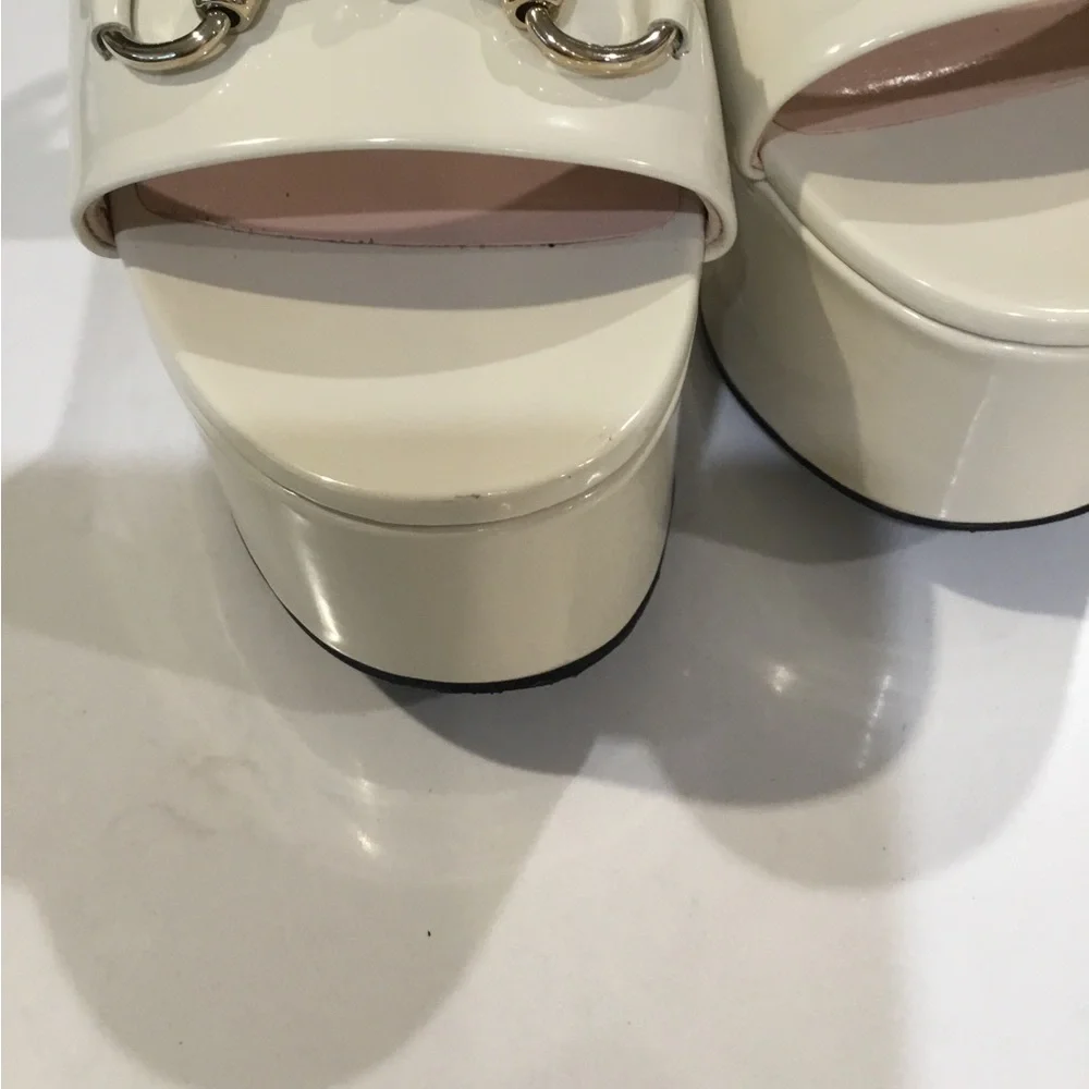 Gucci Ivory Leather Platform Wedge Sandals with Gold Horsebit Accent